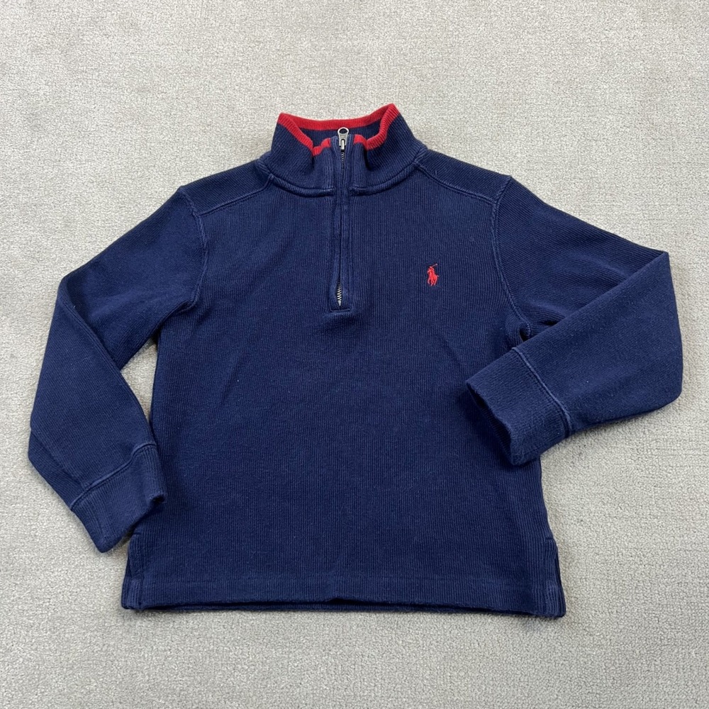 Polo Ralph Lauren Pullover Boys 4T Navy Blue Red Trim 1/4 Zip Cotton Rib Sweater